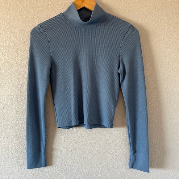 American Eagle Outfitters Tops - American Eagle Blue Ribbed Mock Neck Long Sleeve Crop Top Women’s Size Medium